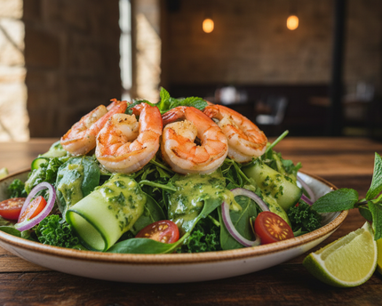 A fresh, refrigerated dressing inspired by the classic Brazilian mojito. Bursting with bright lime, cool mint, and a touch of sweetness, this vibrant mild green in color dressing brings the taste of summer to your table year-round. small grilled shrimp drizzled over fresh salads rustic gastro pub theme