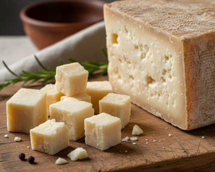 aged provolone cheese block with small rough cubes next to it rustic choppingblock