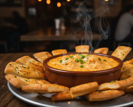 buffalo cauliflower dip heated in a rustic gastro pub theme small bowl on a plate with baked pita strips around it 