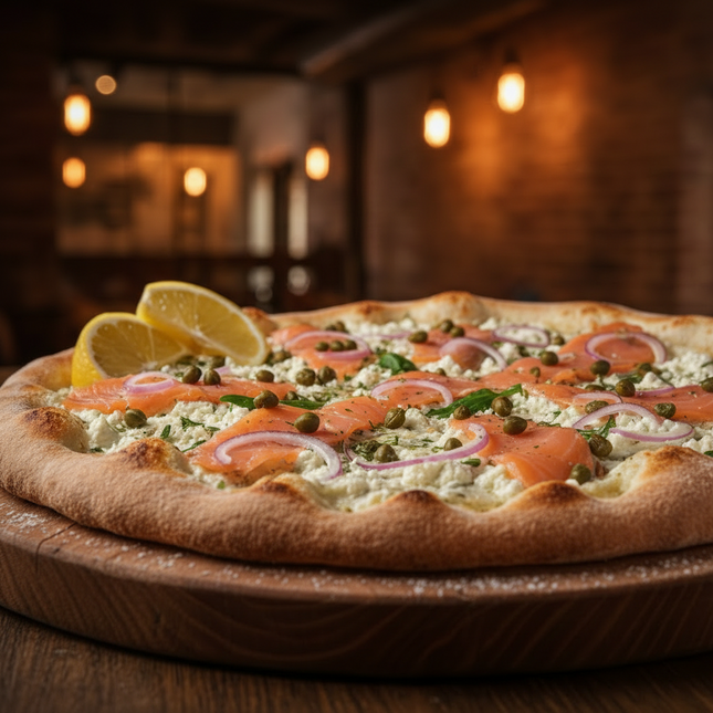 feta dip spread as sauce on a rustic pizza with smoked salmon red onion thin sliced sprinkled with capers with two lemon wedges on side with rustic gastro pub theme