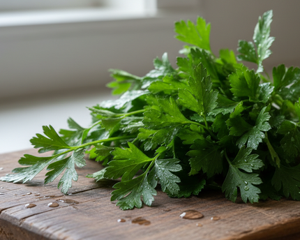 flat leaf parsley bunches washed rustic board 
