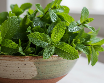fresh mint bunch just washed in rustic kitchen bowl