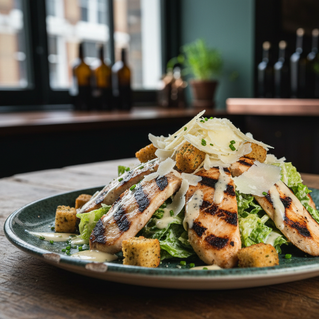 grilled chicken creaser salad gastro pub them rustic plate dressing visible 