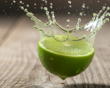 half a lime bouncing  with lime juice in rustic background 