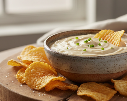onon dip in bowl on rustic plate with alot of chips 