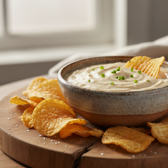 onon dip in bowl on rustic plate with alot of chips 