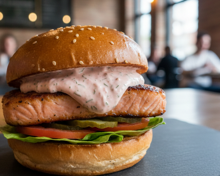 pickle sriracha dip with small amount pink hue color tiny amount of dill flecks on a salmon burger gasto pub theme 